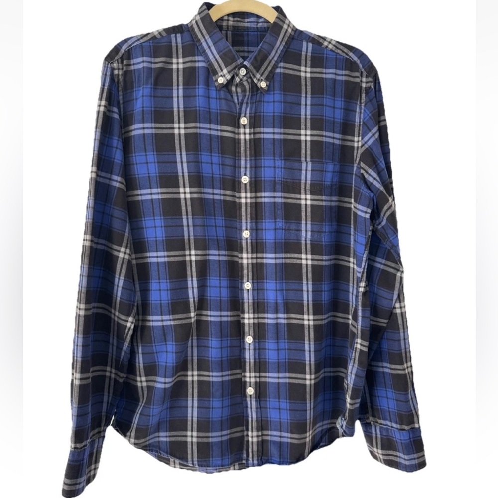 J. Crew Mens Blue, Black, White Plaid Midweight Cotton Flannel Shirt, Medium